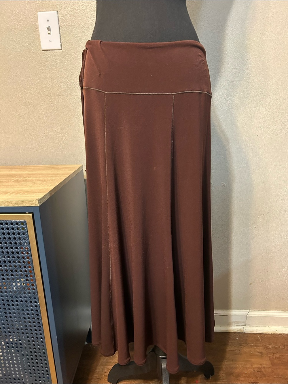Evo Vorro Brown Stretch Knit Maxi Skirt M Side Tie Flare Made USA Y2K